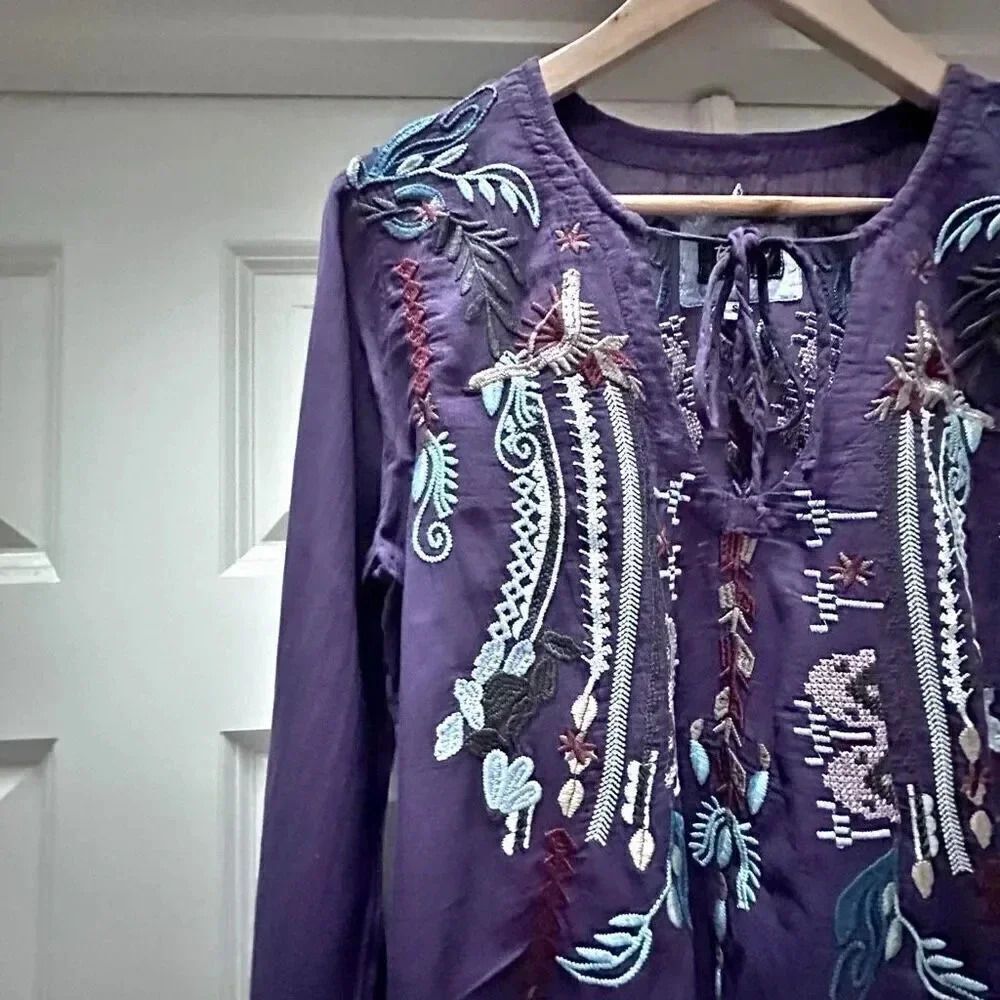 BIYA x JOHNNY WAS | Purple 100% Cotton Embroidered Tunic Top Boho Soft | Small - Picture 3 of 6